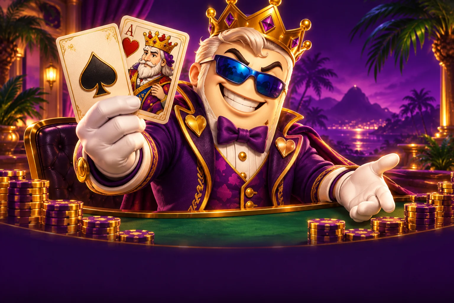 Rei das cartas platinado com óculos espelhados e fichas douradas