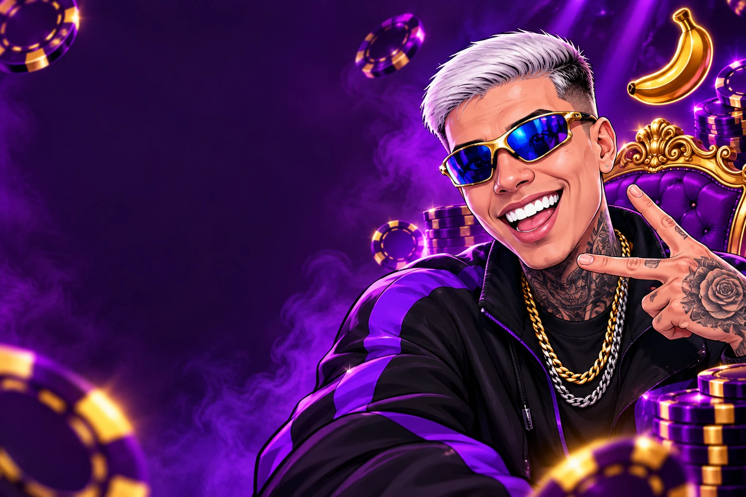 Caricatura de streamer com cabelo platinado, óculos azuis espelhados e tatuagens, fazendo o sinal de paz